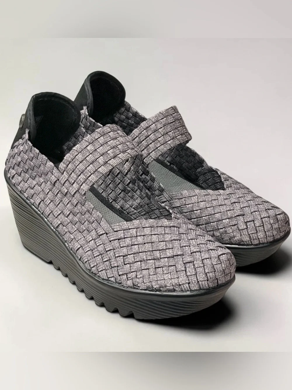 Bernie Mev Lulia Woven Stretch Platform Mary Jane Comfort Wedge Gray and Black